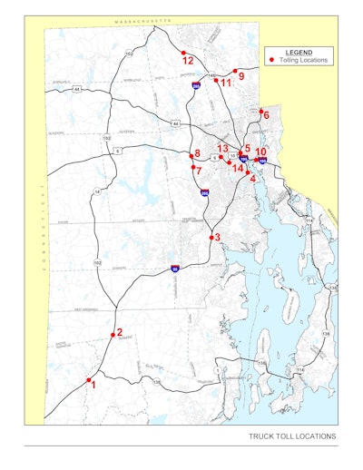 A map of the truck tolling locations specified by the Rhodeworks plan.