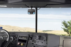 View from the inside of a semi-truck's cab