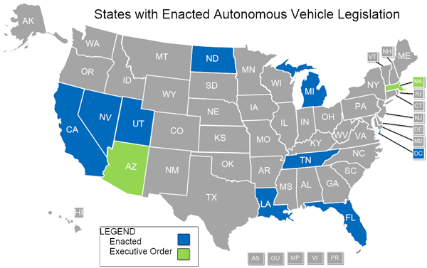 States with enacted autonomous vehicle legislation
