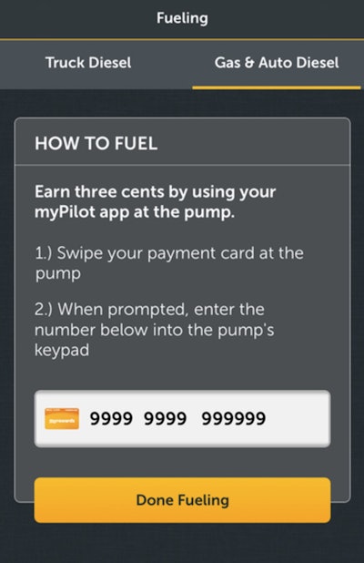 A popular feature in the myPilot mobile app enables “cardless” fuel transactions for truck drivers.