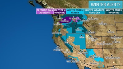 I-84 in Oregon is shut down for a total of 262 miles in two sections because of ice and snow on the roads Wednesday morning. (Photo from The Weather Channel)