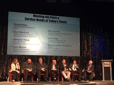Panelists included from left: Gloria Pliler, director Swift parts procurement; Dan Samford, AEMP executive advisor, Peak Performance Asset Services; Dwayne Haug, Dwayne Haug Consulting; Tom Moore, senior vice president of National Private Fleet Council; Roy Svehla, senor manager of fleet maintenance for Republic Services; Lee Long, director of fleet services for Southeast Freight Lines