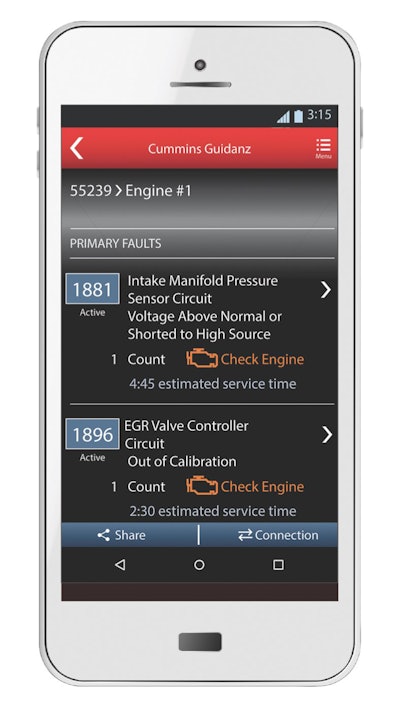 The Cummins Guidanz app, available this April, provides engine fault code information and other key diagnostic data on iOS and Android mobile devices.