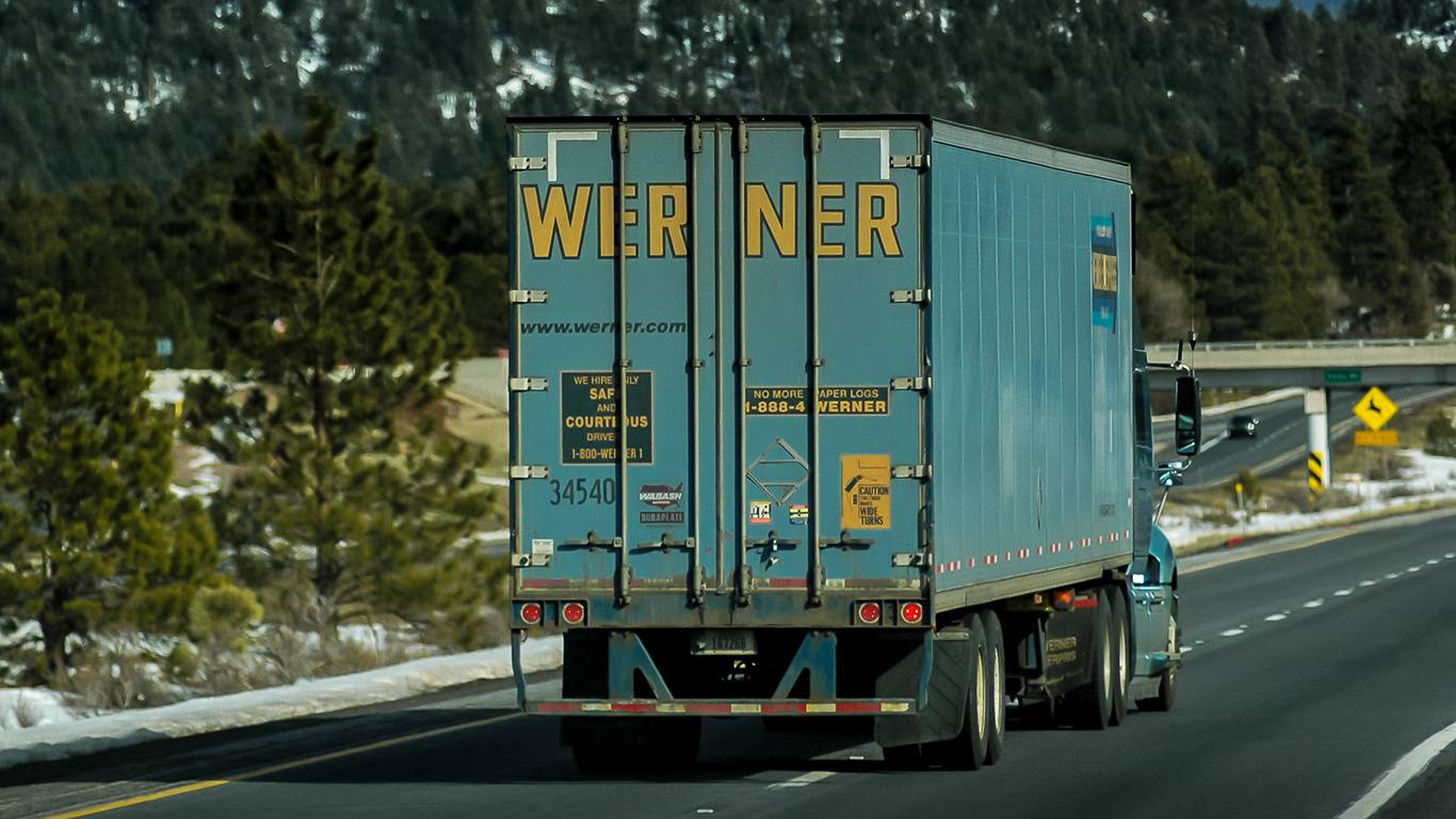 Trailer view of a Werner Enterprises semi truck