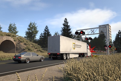 John Doe was being tailgated and tried to accelerate through a railroad grade crossing, but a descending signal arm mangled one of his mirrors. Was this a preventable accident? (Graphic from Instructional Technologies)