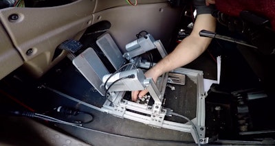 Starsky Robotics uses robotic devices to control throttle, brake and shifting in its self-driving tractor-trailer.