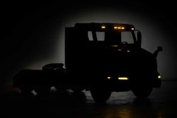 Volvo truck parked in the dark
