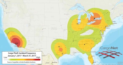 CargoNet reports that California had the most reported cargo thefts in 2017’s first quarter, followed by Ontario, Canada.