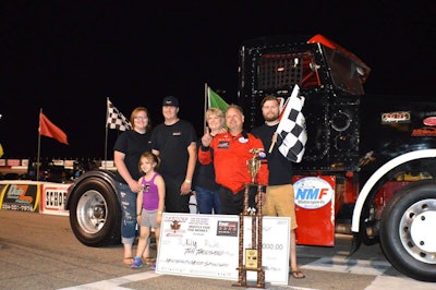 Ricky “Rude” Proffitt celebrates his second win in the Minimizer Bandit Big Rig Series at Montgomery Motor Speedway in Alabama on May 13. (Photo courtesy Leaha Proffitt)
