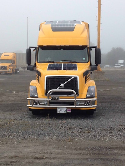 Groupe Robert installs six 100-watt flexible solar panels on each of its new trucks, riveting them to the roof fairing and tractor hood.
