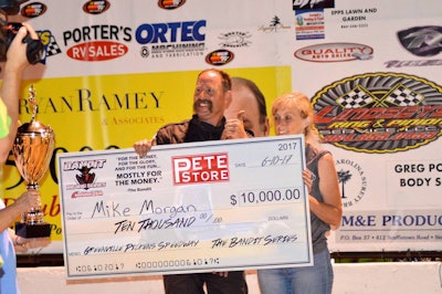 Mike Morgan, shown with his wife Wendy, picked up his first Minimizer Bandit Big Rig Series win June 10 at Greenville-Pickens Speedway in Easley, S.C. (Credit Leaha Proffitt)