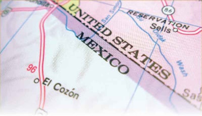 Border of United States and Mexico on a map