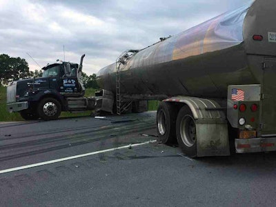 Sen. Chuck Schumer js calling for new truck safety regulations after four people died crashing into this jackknifed milk tanker earlier this month on Interstate 81 in Sandy Creek, New York. (Photo: New York State Police.)