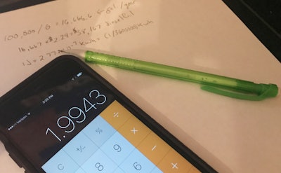 Calculator on a smartphone with pencil and paper
