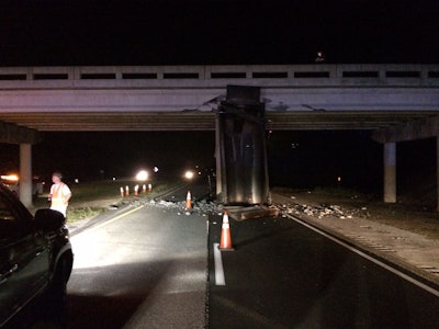 East bound traffic on Interstate 10 near Crestview, Fla. was shut down for several hours after a dump truck riding with a raised bed slammed into an overpass. (Photos: Okaloosa County Sheriff’s Office, unless otherwise noted.)