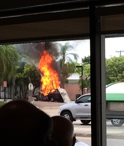 This van exploded shortly after a man attempted to fill it with stolen fuel in Miami in 2014. Photo: @EvBalls van.