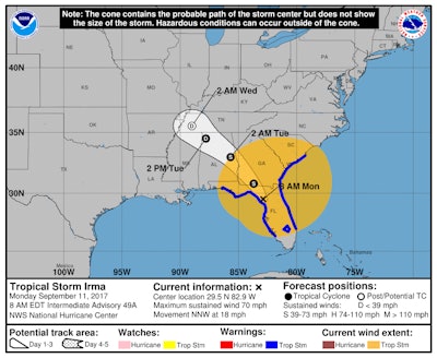 Hurricane Irma is expected to continue through Florida Monday morning and cross into Georgia and Alabama through Tuesday.