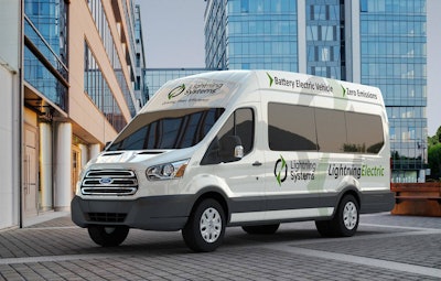 Lightning Systems and New Eagle paired up to build this zero emissions Ford Transit 350HD shuttle van. This and other all-electric Transit configurations are coming early next year.