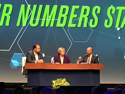 Werner Enterprises’ Derek Leathers, ATRI’s Rebecca Brewster and ATA chief economist Bob Costello discuss freight conditions, the driver shortage and trade policy at the 2017 American Trucking Associations Management Conference & Exhibition.