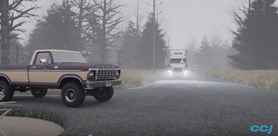 Driving through fog at the posted speed limit, John Doe was unable to avoid the pickup that pulled onto the highway and into his path. Was this a preventable accident? (Graphic by Instructional Technologies).