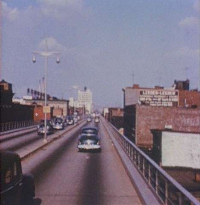 An old shot of traffic on the Brooklyn-Queens Expressway taken at a time when a truck ban was nowhere in sight.