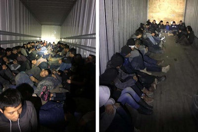 On the left, a photo from CBP inside the tractor-trailer where 76 migrants were found. On the right, the trailer with 29 migrants.