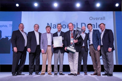 Mack Trucks named Tri-State Truck Center of Memphis, Tennessee, its 2017 North American Dealer of the Year. Pictured from left to right are Jonathan Randall, senior vice president of sales and marketing, Mack Trucks North America; Dennis McDaniel, Mack regional vice president, Southeast; Tri-State Truck Center Used Truck Sales Manager Jim Maddox Jr.; Tri-State President Jim Maddox Sr.; Tri-State CEO Rod Maddox; Tri-State Director of Finance John Jones; Tri-State New Truck Sales Manager Will Maddox; and Dennis Slagle, president, Mack Trucks.