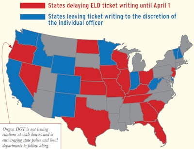 Map of how states are handling ELD ticket writing enforcement