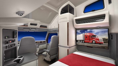 The roomy interior in Peterbilt’s new Model 579 UltraLoft spec features 70 cubic feet of storage, ample headroom in both top and bottom bunks and new driver comfort features.
