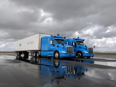 This photo from Waymo shows two of the Peterbilt-based autonomous trucks that Waymo will use for testing in Atlanta.
