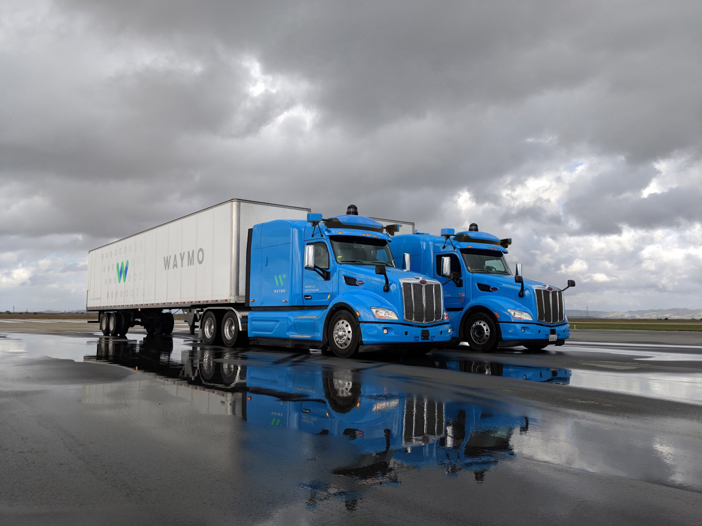 This photo from Waymo shows two of the Peterbilt-based autonomous trucks that Waymo used for testing in Atlanta.