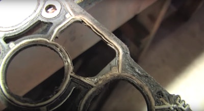 1997 Ford F-150 4.2-liter intake gasket from a repair video on YouTube that’s gotten nearly 250,000 views. Damaged gaskets like these allow coolant to flow into the engine and can lead to hydrolock.