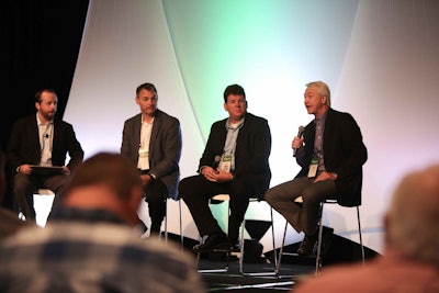 Tim Denoyer (far left) with ACT Research moderated the e-commerce panel with Craig Stoffel (Werner), Lance Dearborn (FASTMILE Logistics) and Woody Lovelace (Southeastern Freight Lines).