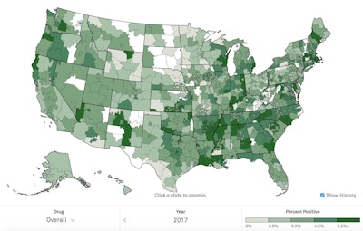 CLICK on the map to view zip codes with the highest drug positivity test rates for workers.