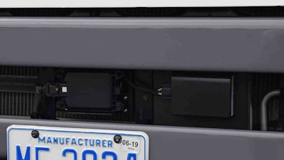 Vehicle to vehicle communication takes place via small antennas mounted atop the trucks’ hood and transponders mounted above the bumper.