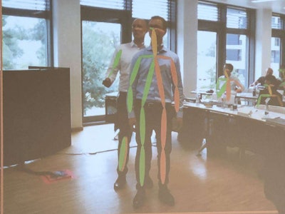 Continental developed an artificial intelligence program that can detect pedestrians and cyclists. Seen here is a preview of the system shown to the global trucking trade press this week in Frankfurt, Germany. The system identifies limbs and joints and outlines them as shown here. The AI is the technology that made Continental’s Right-Turn Assist system possible. The system is slated for introduction in the European market in 2023.