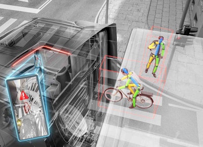 A rendering of Continental’s person-finding artificial intelligence program. The system uses radar and cameras as sensory inputs, and an AI program detects pedestrians and cyclists around the vehicle.