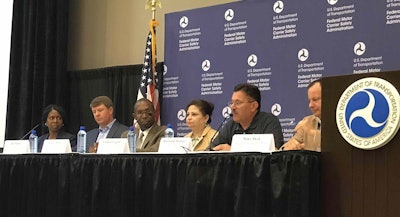 Six FMCSA representatives participated in a listening session Friday at GATS about autonomous trucks and technology. From left are: Selika Gore, senior advisor to the administrator; Jim Mullen, chief counsel; Larry Minor, associate administrator for policy; Colleen Coggins, acting chief information officer; including Ray Martinez, administrator; and Wiley Deck, director of governmental affairs.