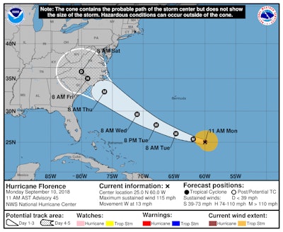 Hurricane Florence, a Category 4 storm as of Monday afternoon, is forecast to make landfall Thursday on the coasts of South Carolina and North Carolina.