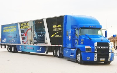 The 2018 Mack Anthem used in the Share the Road program. The truck is equipped with 13-liter Mack MP8 505C engine, which has 505 horsepower and 1,860 lb.-ft. of torque. The truck is also equipped with the 12-speed mDrive automated-manual transmission.