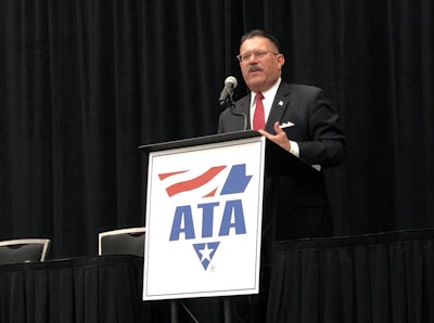 FMCSA Administrator Ray Martinez addresses fleet attendees and vendors at the American Trucking Associations’ 2018 Management Conference & Exhibition in Austin, Texas.