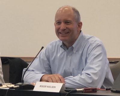 Roger Nielsen, president and CEO of Daimler Trucks North America, discusses the development of battery-powered Freightliner trucks during a press roundtable at the American Trucking Associations’ 2018 Management Conference & Exhibition in Austin, Texas.