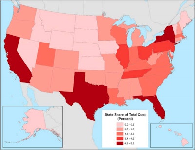Texas, Florida, California, New York and New Jersey accounted for the highest congestion costs in 2016, according to research from ATRI.