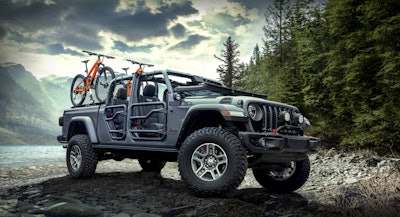 The Mopar-modified all-new 2020 Jeep® Gladiator Rubicon, on display at the 2018 Los Angeles Auto Show, highlights the open-air personalization potential and more than 200 parts and accessories available to enhance the most capable midsize truck ever.