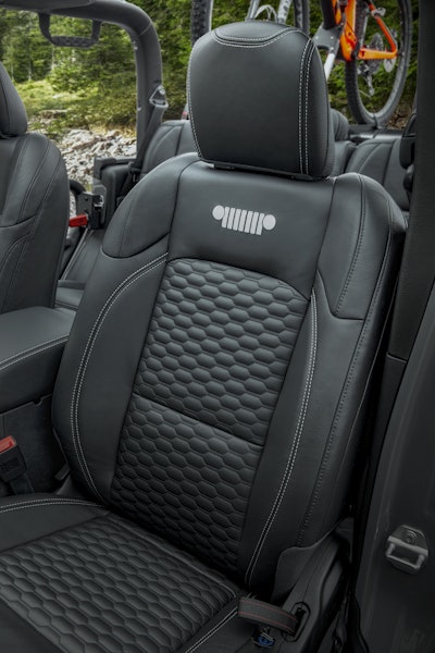 Katzkin leather seats for the all-new 2020 Jeep® Gladiator are embroidered with the distinctive Jeep grille logo in Tungsten stitching.