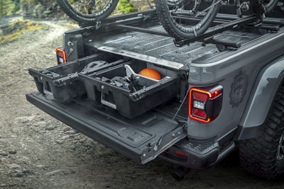 The truck bed storage system for the all-new 2020 Jeep® Gladiator enhances utility with lockable, dual sliding drawers.