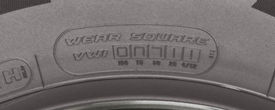 Cooper’s Wear Square on the tire’s shoulder ribs is a visual indicator showing the tread depth through five different evolving image icons.