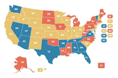 States in red have more than 9 percent of their bridges on the “structurally deficient” list, while states in blue have less than 5 percent of their bridges on the list. States in yellow have between 5 and 9 percent of their bridges on the list.