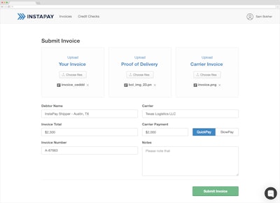 Carriers and brokers use the InstaPay web portal to upload their invoices for same-day payment.