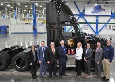 From left are: Kathie Falcone, Kenworth director of sales operations; Kevin Baney, Kenworth assistant general manager for sales & marketing; Mark Collins, UPS Director of Maintenance and Engineering for Transportation Equipment; Bill Brentar UPS Senior Director of Maintenance and Engineering for Transportation Equipment; Katie Guest, new truck sales, MHC Kenworth – Atlanta; Eddie Davis, MHC Kenworth vice president; Andy Manos, Kenworth national fleet service manager; and Lance Walters, plant manager, for the PACCAR Engine Plant in Columbus, Miss.